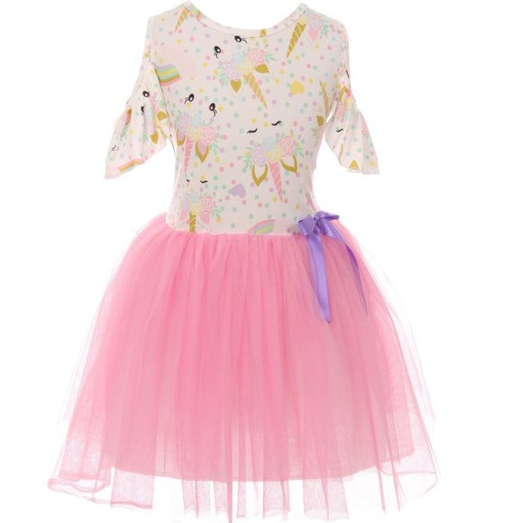 Little Girl Kids dress Children Cold Shoulder Polka Unicorn Floral Flower Girl - Picture 1 of 5